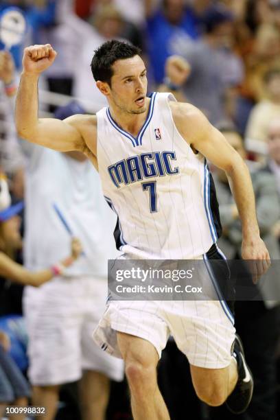 Redick of the Orlando Magic reacts after he made a 3-point shot in the first half against the Boston Celtics in Game Five of the Eastern Conference...