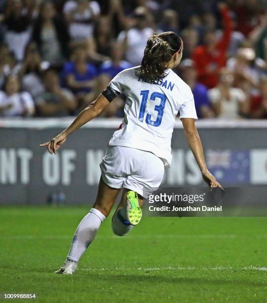 Alex Morgan of the United States celebrates after scoring a goal against Brazil during the 2018 Tournament Of Nations at Toyota Park on August 2,...