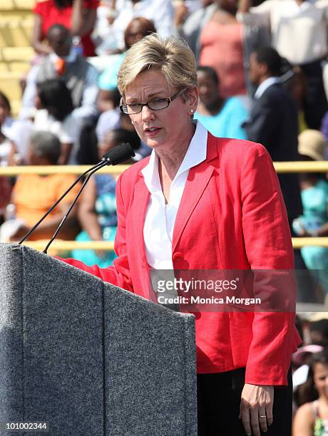 Michigan Governor Jennifer Granholm attends a student forum at Wayne State University on May 26, 2010 in Detroit, Michigan.
