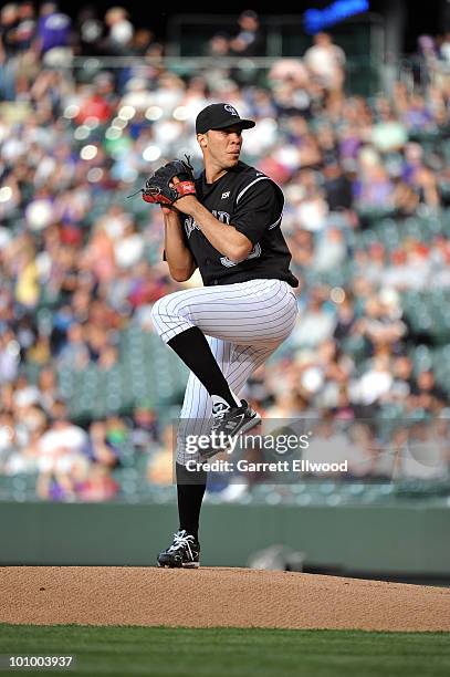 Ubaldo Jimenez of the Colorado Rockies pitches against the Arizona Diamondbacks during the game at Coors Field on May 26, 2010 in Denver, Colorado.