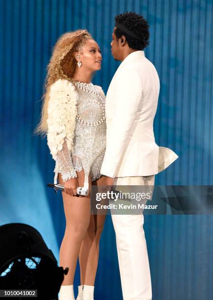 Beyonce and Jay-Z perform on stage during the 'On the Run II' tour at MetLife Stadium on August 2, 2018 in East Rutherford, New Jersey.