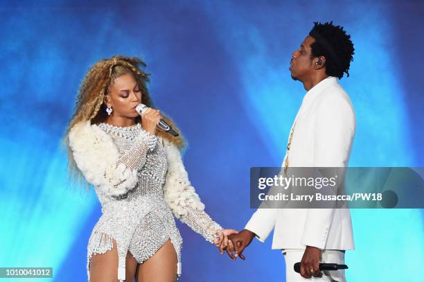 Beyonce and Jay-Z perform onstage during the "On The Run II" Tour - New Jersey at MetLife Stadium on August 2, 2018 in East Rutherford, New Jersey.