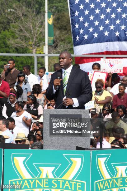 Magic Johnson attends a student forum at Wayne State University on May 26, 2010 in Detroit, Michigan.