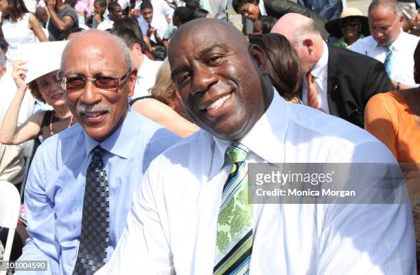 Detroit Mayor Dave Bing and Magic Johnson attend a student forum at Wayne State University on May 26, 2010 in Detroit, Michigan.