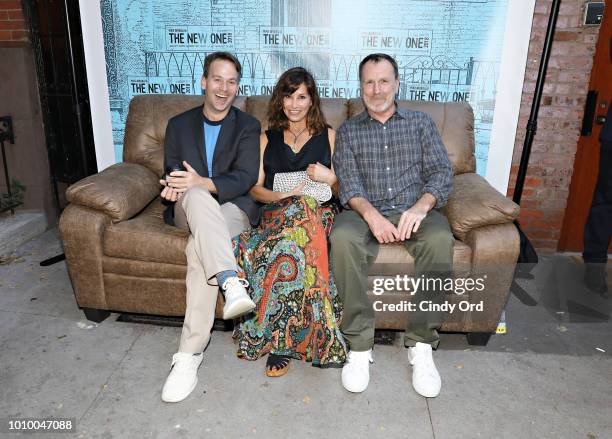 Mike Birbiglia, Gina Gershon and Colin Quinn attend the opening night of "Mike Birbiglia: The New One" at the Cherry Lane Theatre on August 2, 2018...