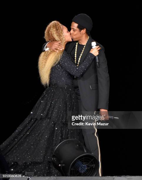 Beyonce and Jay-Z perform on stage during the 'On the Run II' tour at MetLife Stadium on August 2, 2018 in East Rutherford, New Jersey.