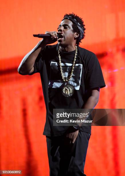 Jay-Z performs on stage during the 'On the Run II' tour at MetLife Stadium on August 2, 2018 in East Rutherford, New Jersey.