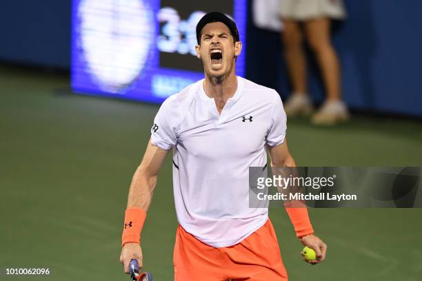 Andy Murray of Great Britain celebrates a point against to Marius Copil of Romania during Day Six of the Citi Open at the Rock Creek Tennis Center on...