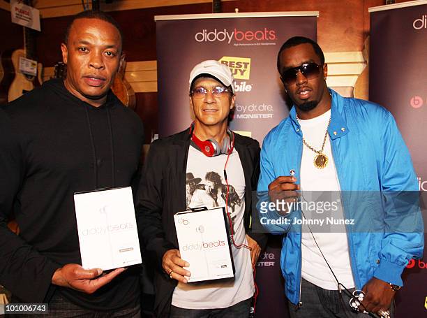 Dr. Dre, Jimmy Iovine, and Sean "Diddy" Combs attend the launch of Diddybeats at Best Buy on May 26, 2010 in New York City.