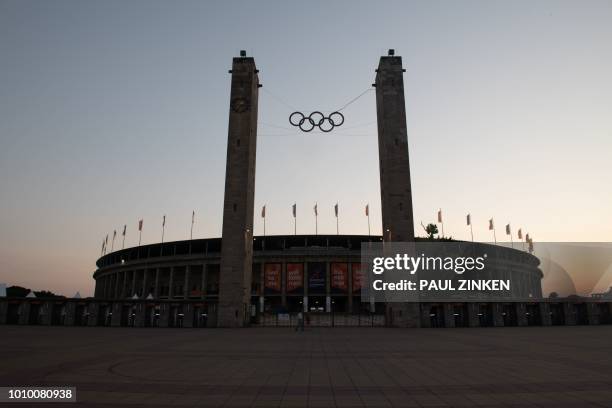 Picture taken on August 2, 2018 shows an outside view of the Olympic stadium in Berlin ahead of the European Athletics Championships. / Germany OUT