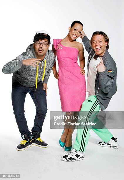 Members of Die Atzen, singer Sady K. , singer Manny Marc and tTVhost Nandini Mitra pose backstage of 'The Dome 54' at the Schleyerhalle on May 20,...