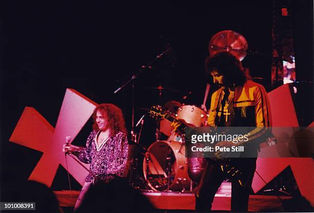 Ronnie James Dio and Tony Iommi of Black Sabbath perform on stage on the 'Heaven and Hell' tour, at Hammersmith Odeon on January 18th, 1981 in...
