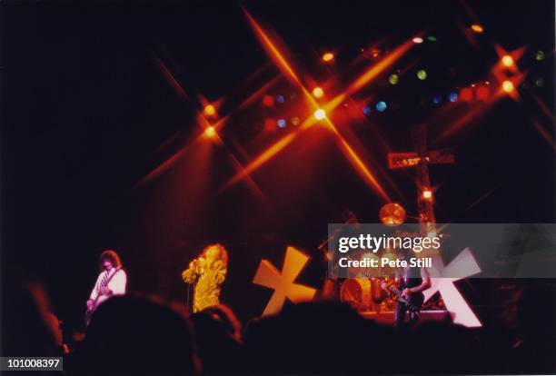 Geezer Butler, Ronnie James Dio, Vinny Appice and Tony Iommi of Black Sabbath perform on stage on their 'Heaven and Hell' tour at Hammersmith Odeon,...