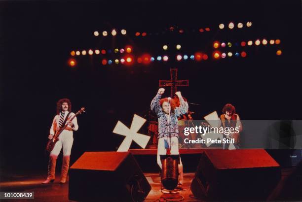 Geezer Butler, Ronnie James Dio, Vinny Appice and Tony Iommi of Black Sabbath perform on stage during their 'Heaven and Hell' tour at Hammersmith...