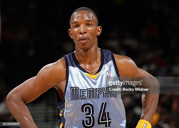 Hasheem Thabeet of the Memphis Grizzlies looks on during the game against the Golden State Warriors at Oracle Arena on March 24, 2010 in Oakland,...