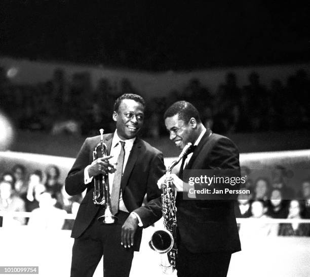 American jazz trumpeter and composer Miles Davis performing with Wayne Shorter at Berliner Jazztage Germany September 1964.