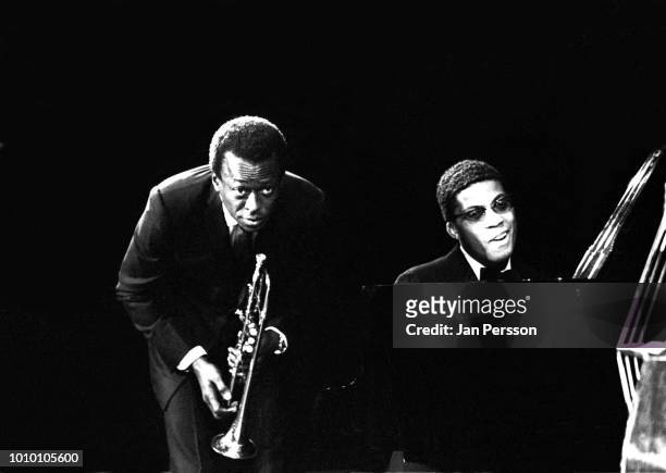American jazz trumpeter Miles Davis and American jazz pianist Herbie Hancock performing in Copenhagen Denmark November 2 1967.