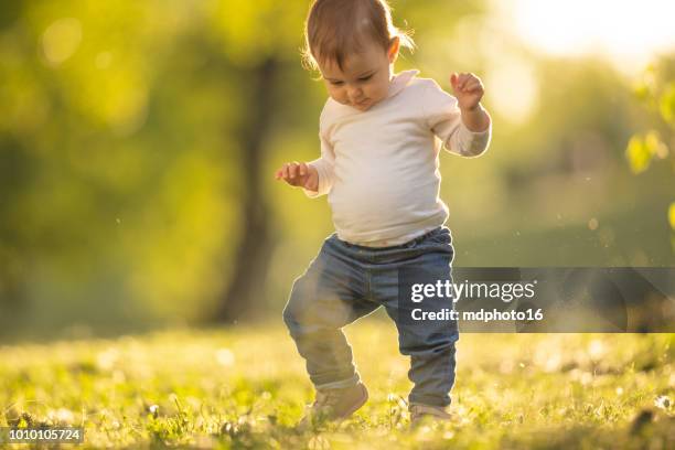 baby girl taking her first steps in a park - primeiros passos imagens e fotografias de stock