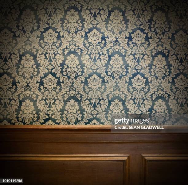 wood panel and vintage wallpaper design - antiek ouderwets stockfoto's en -beelden