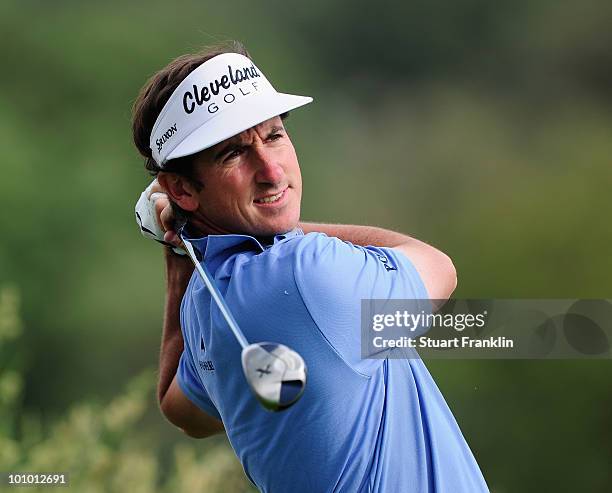 Gonzalo Fernandez - Castano of Spain plays his tee shot on the 13th hole during the first round of the Madrid Masters at Real Sociedad Hipica...