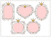 Set of cute doodle mirrors. Princess vector element of design. Pink frames with crown, tiara.