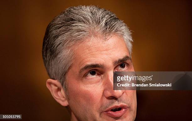 Jeffery Smisek, chairman, president and CEO of Continental Airlines, speaks during a hearing of the Senate Judiciary Committee on Capitol Hill May...