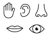 Outline icon set of five human senses: vision (eye), smell (nose), hearing (ear), touch (hand), taste (mouth with tongue)