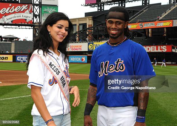 Miss USA Rima Fakih and Jose Reyes of the New York Mets visit Citi Field on May 27, 2010 in the Flushing neighborhood of the Queens borough of New...