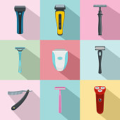 Shaver blade razor personal icons set, flat style
