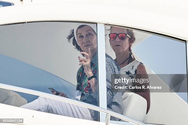 Queen Sofia and Princess Elena of Spain on board of Somni attend the 37th Copa del Rey Mapfre sailing cup on August 3, 2018 in Palma de Mallorca,...