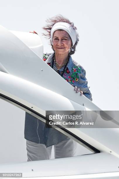 Queen Sofia on board of Somni attends the 37th Copa del Rey Mapfre sailing cup on August 3, 2018 in Palma de Mallorca, Spain.