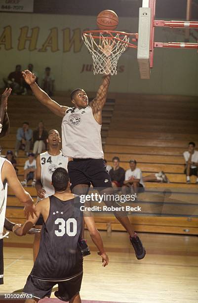 High School Basketball: Great Western Shootout: Values Better America Schea Cotton in action, dunk during tournament at Ocean View High. Huntington...