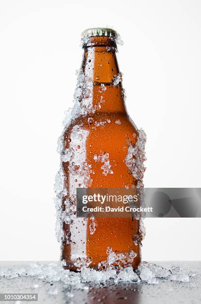 bottle of beer with frosted ice - beer bottles stockfoto's en -beelden