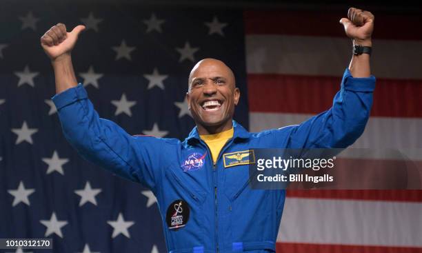 In this NASA handout, NASA astronaut Victor Glover is seen during a NASA event where it was announced that he, and NASA astronaut Mike Hopkins are...