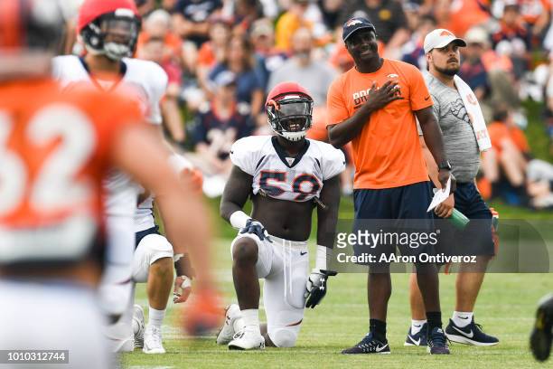 Denver Broncos linebacker Stansly Maponga watches onside kick drills during training camp on Friday, August 3, 2018.