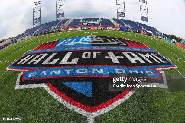 General view of the Hall of Fame Logo at midfield prior to the National Football League Hall of Fame Game between the Chicago Bears and the Baltimore...