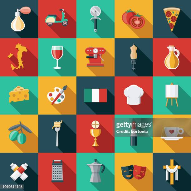 italy flat design icon set - when travel was a thing of style stock illustrations
