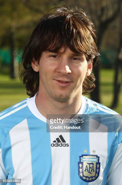Midfielder Lionel Messi of Argentina's National team for the 2010 FIFA World Cup South Africa poses during a photo session on May 26, 2010 in Buenos...
