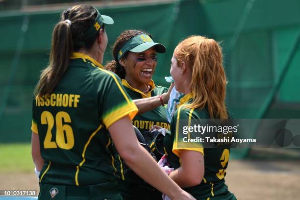 Nicole Alexander of South Africa chat with teammates during the Preliminary Round match between Chinese Taipei and South Africa at Akitsu Stadium on...