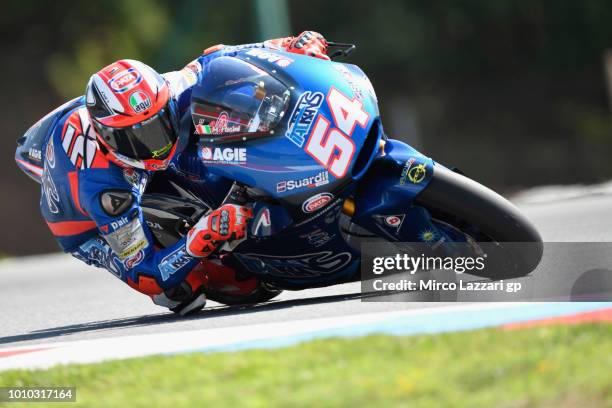 Mattia Pasini of Italy and Italtrans Racing rounds the bend during the MotoGp of Czech Republic - Free Practice at Brno Circuit on August 3, 2018 in...