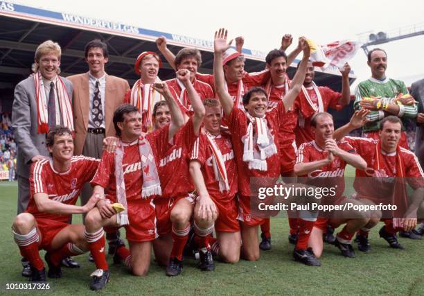 Liverpool celebrate after the Barclays League Division One match between Liverpool and Queens Park Rangers at Anfield on April 28, 1990 in Liverpool,...