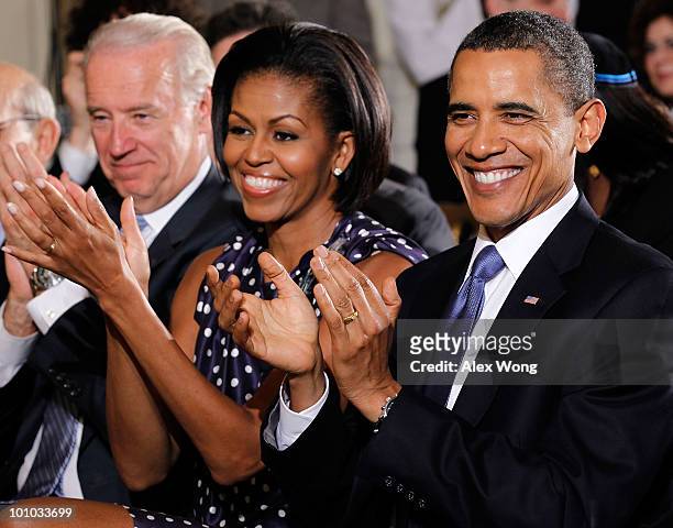 President Barack Obama , first lady Michelle , and Vice President Joseph Biden watch performance during a reception in honor of Jewish American...