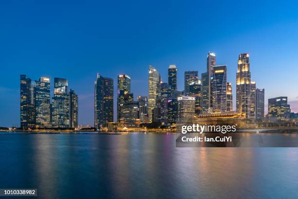 sunset scene of singapore city skyline (dusk) - singapore cityscape stock pictures, royalty-free photos & images