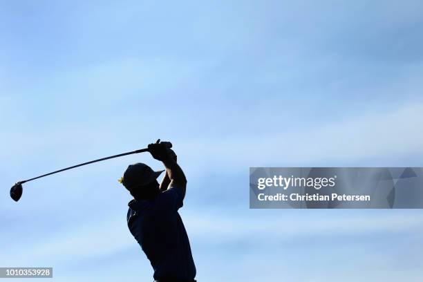 Brandon Harkins plays a tee shot on the second hole during the second round of the Barracuda Championship at Montreaux Country Club on August 3, 2018...