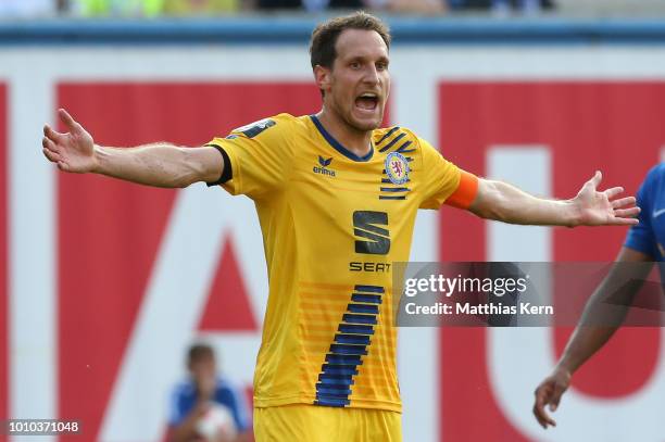 Stephan Fuerstner of Braunschweig gestures during the 3.Liga match between FC Hansa Rostock and Eintracht Braunschweig at Ostseestadion on August 3,...