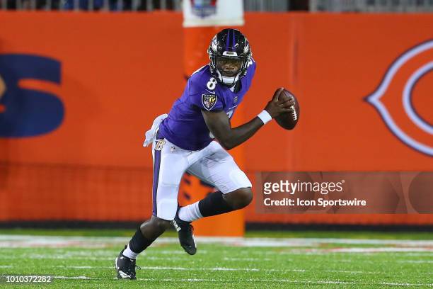 Baltimore Ravens quarterback Lamar Jackson during the third quarter of the National Football League Hall of Fame Game between the Chicago Bears and...