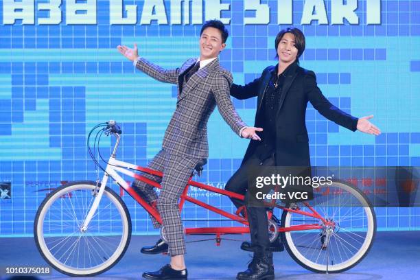 Actor and singer Han Geng and Japanese actor and singer Tomohisa Yamashita attend the press conference of film 'Reborn' on July 30, 2018 in Beijing,...
