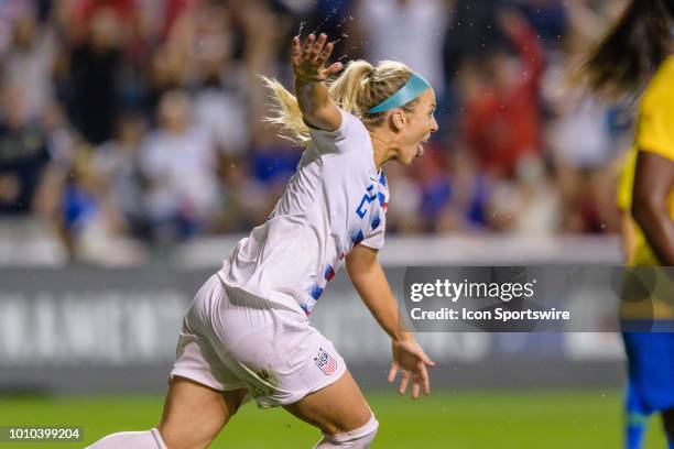 Womens National Team midfielder Julie Ertz celebrates her goal in the 2nd half during a Tournament of Nations international soccer match between the...