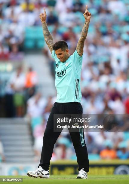 Jade Dernbach of Surrey celebrates dismissing Nick Gubbins of Middlesex during the Vitality Blast match between Surrey and Middlesex at The Kia Oval...