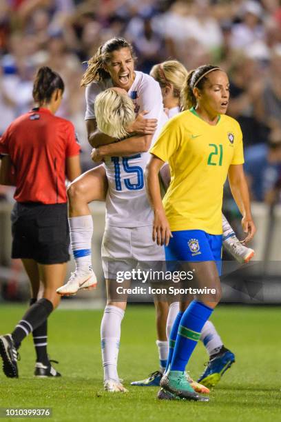 Womens National Team forward Tobin Heath celebrates her goal with U.S. Womens National Team forward Megan Rapinoe in the 2nd half during a Tournament...